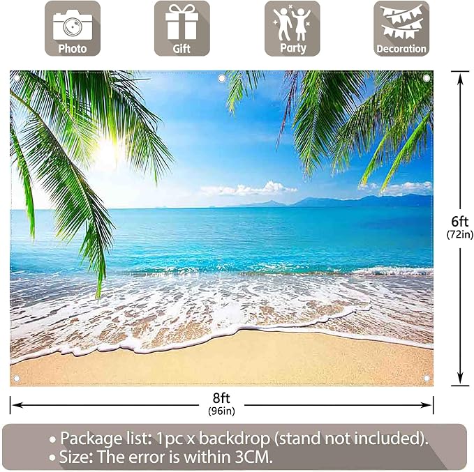 8x6ft Summer Beach Photography Backdrop Hawaii Tropical Banner | Ocean Seaside - Image 3