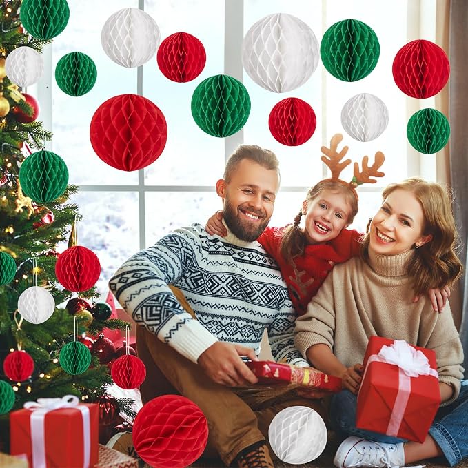 SUNBEAUTY 27 PCS Red Green White Christmas Party Hanging Honeycomb Decorations - Image 6