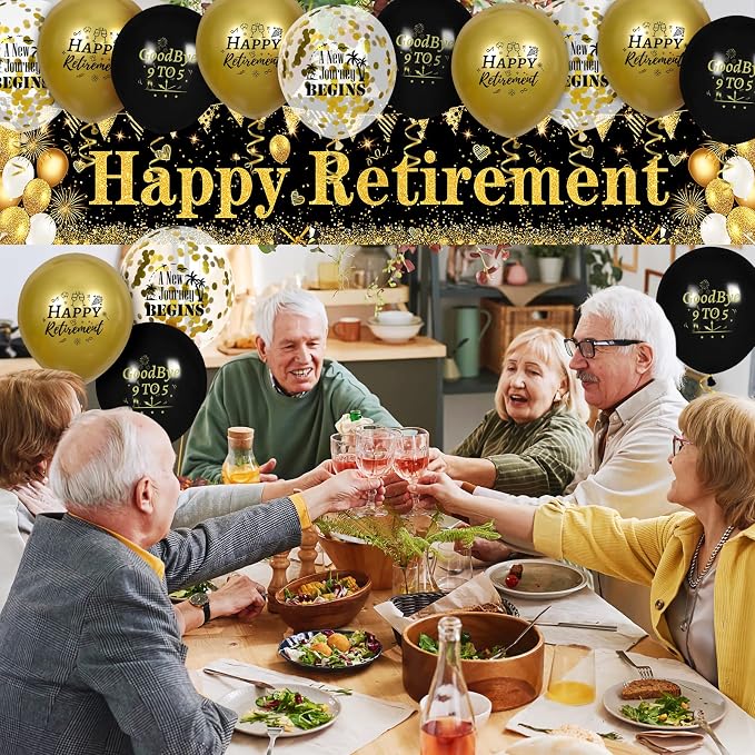 Retirement Party Decorations Black Gold Happy Retirement Banner and 18pcs - Image 3