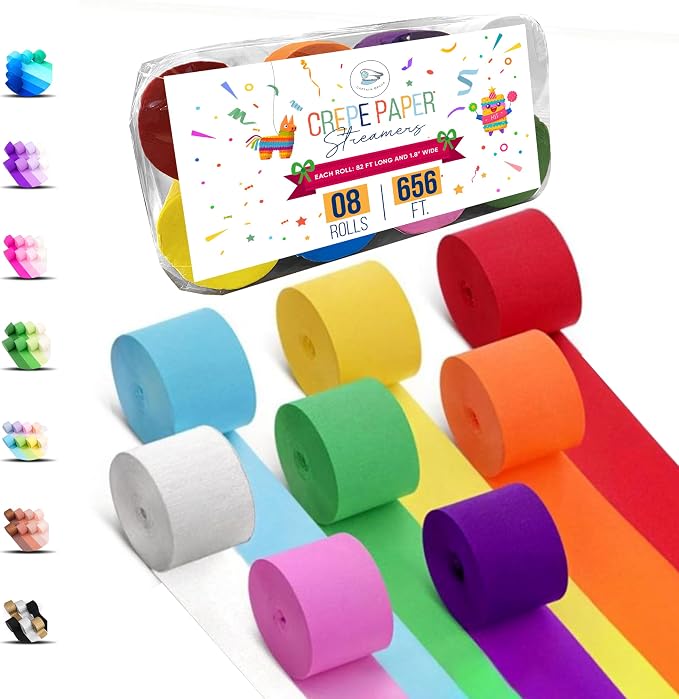 8 Crepe Paper Streamers, 656ft Pack of Rainbow Streamers Party Decorations | by CaptainD%C3%A9cor