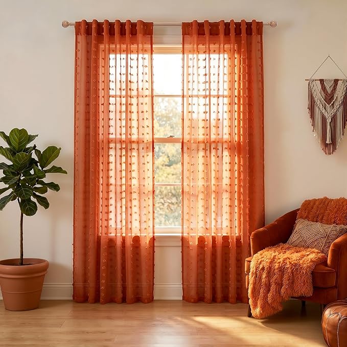 KOUFALL Terracotta Curtains 90 Inches Long, Boho Pom Pom Textured Semi Privacy by KOUFALL