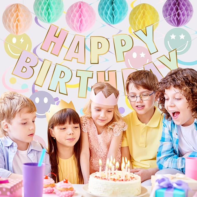 YEOCU Birthday Decorations, No DIY Pre-Strung Happy Birthday Banner | Pastel - Image 6