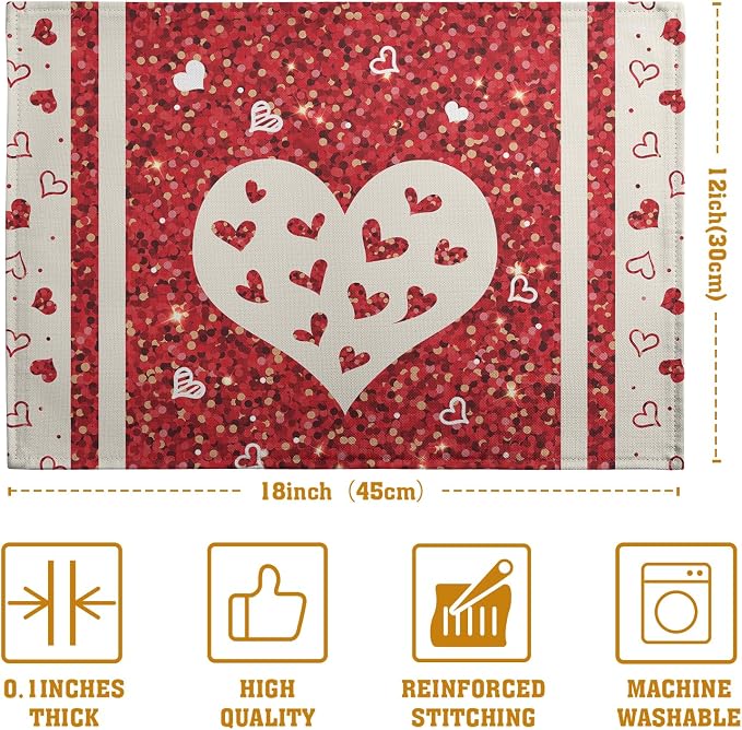 Valentine Hearts Placemats Set of 4, 12x18 Inch Red White Love Heart Linen - Image 4