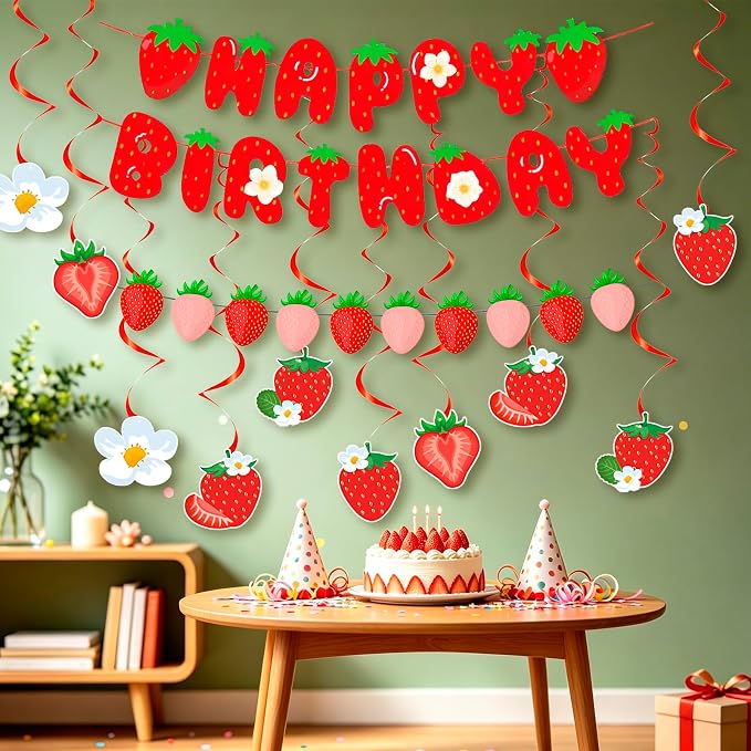 MEETINGU Strawberry Happy Birthday Banner, Party Decoration Set - Image 4