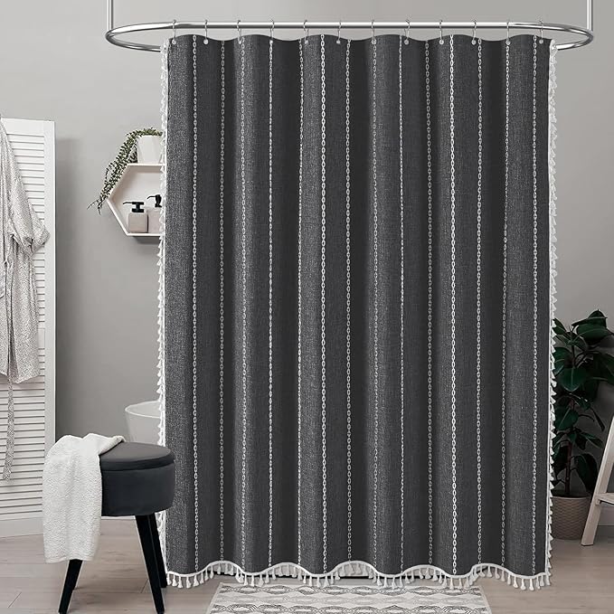 Charcoal Grey Boho Farmhouse Linen Heavy Duty Shower Curtain, 72x72 | 330GSM - Image 2