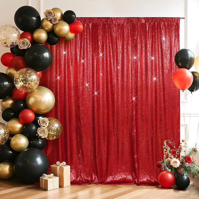 SquarePie Sequin Backdrop Curtain Less See Through Background for Wedding Christmas Party(10FT x 10FT, Red)