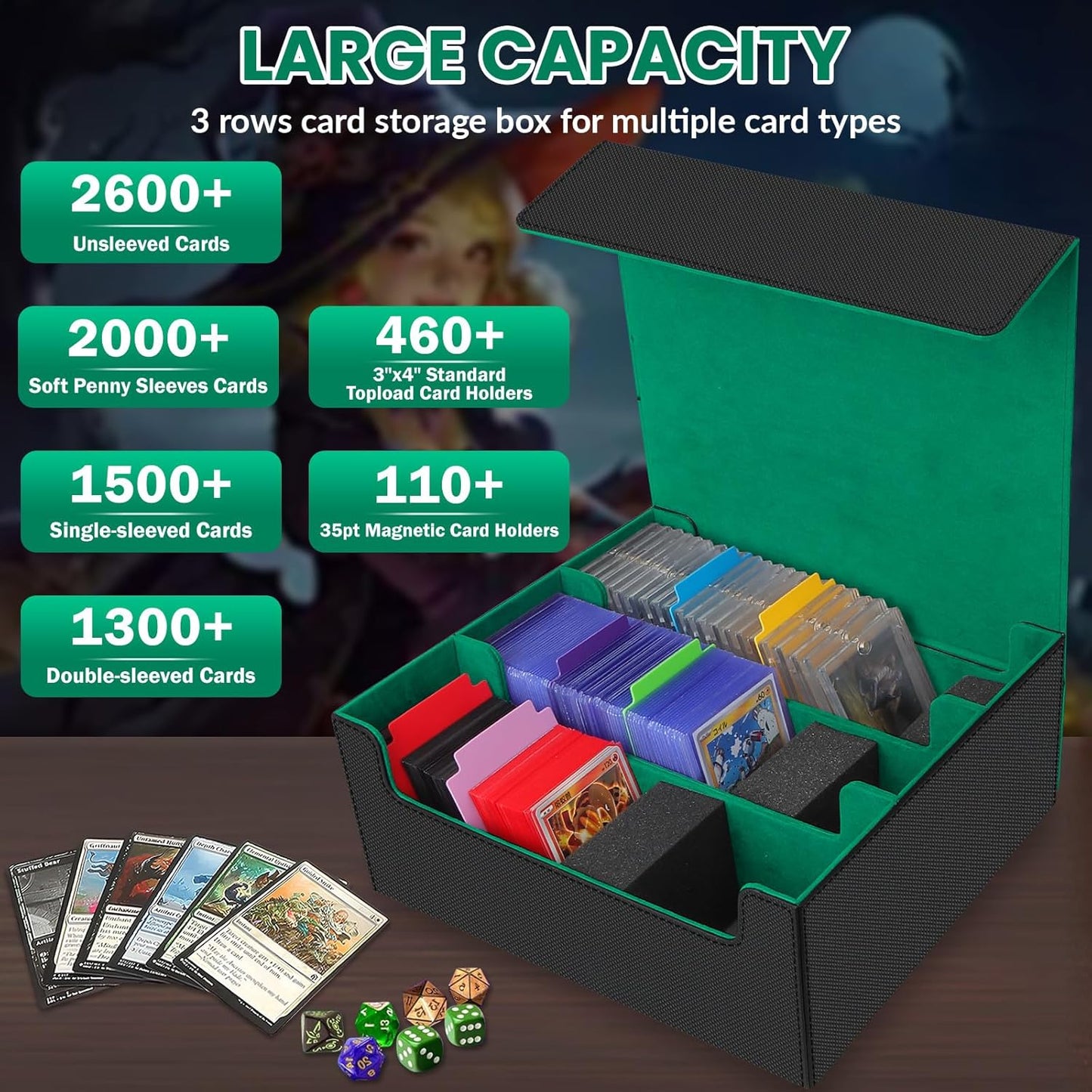 Card Storage Box for Trading Cards, 2600+ Commander Deck Box, Storage Box Fits Toploader and One-Touch, Card Organizer for TCG, MTG, Sports Cards, with Card Dividers & Stoppers