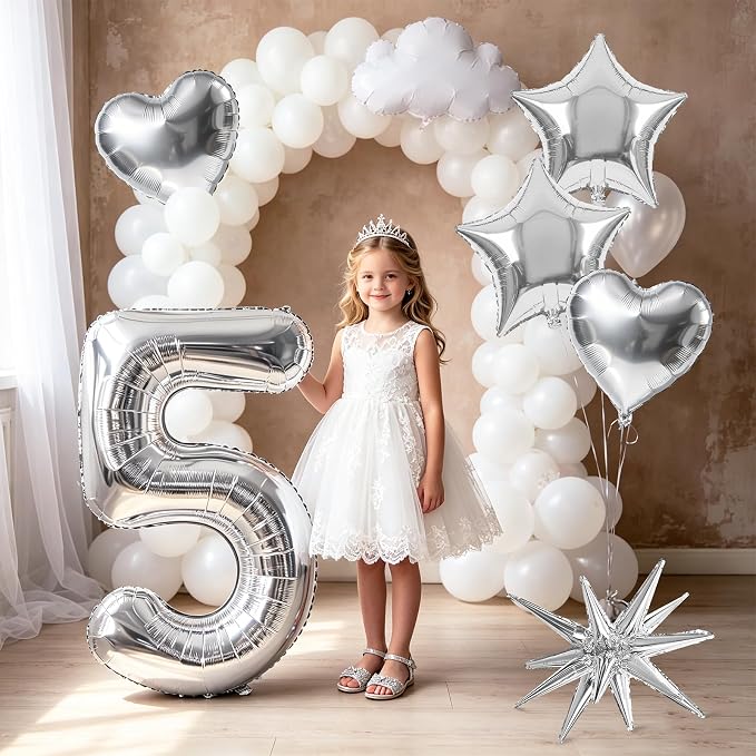 TONIFUL 5th Birthday Balloons Kit 40Inch Silver Large Number 5 Foil Balloon | - Image 5