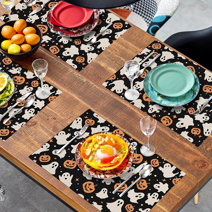 Halloween Placemats Set of 4 12x18 Inch Cute Ghost Pumpkin Table Mats Orange - Image 7