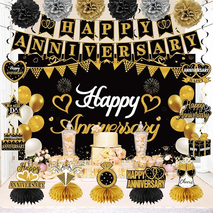 Turypaty Happy Wedding Anniversary Decorations Kit Supplies Black Gold | Large - Image 4