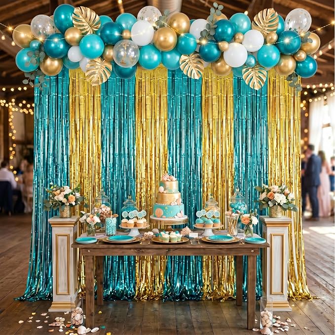 Frienda 4pcs Teal and Gold Party Decorations 6.6ft Fringe Curtains Decorations - Image 3