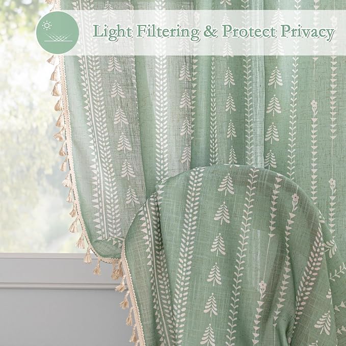 Sage Green Curtains for Living Room, Linen Blended Boho Semi Sheer Patterned - Image 3