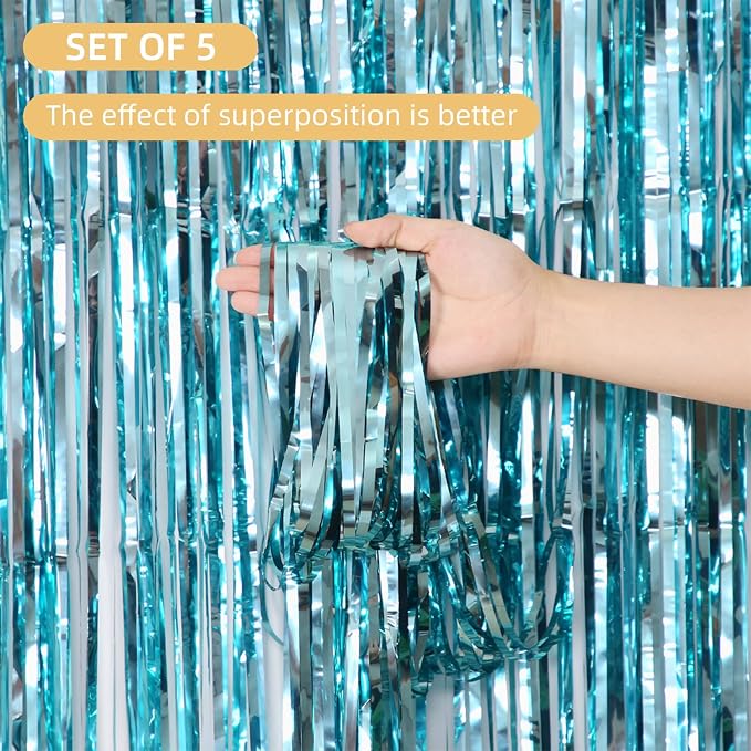 5 Pack Blue Fringe Backdrop 3.2ft x 8.2ft Foil Curtain Tinsel Foil Fringe - Image 2