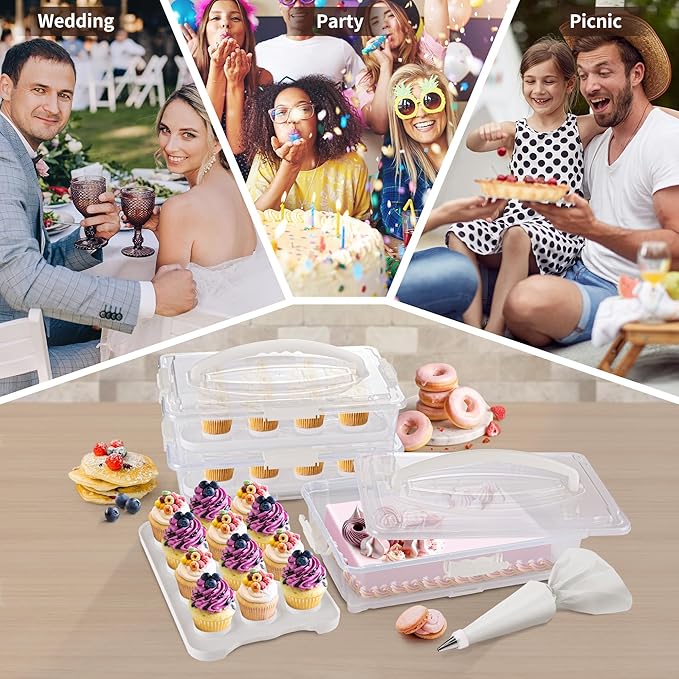 ARC 3-Tiers Cupcake Carrier (White) - Cupcake Holder and Cake Transport Container that Holds up to 36 Cupcakes or 3 Large Cakes - BPA-Free, Great for Parties & Festivals