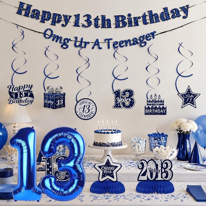 13th Birthday Decorations For Boys, Pre-Strung Navy Blue Happy 13th Birthday & - Image 5