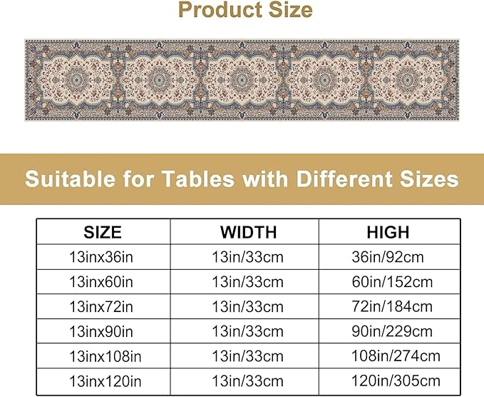 Boho Bohemia Style Table Runner, Vintage Blue Teal Gold Retro Flower Rustic Country Style Floral Print Pattern for Home Kitchen Table Decor Dining Coffee Room Garden Party Decor 13x60in