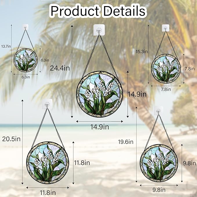 Stained Glass Window Hanging, White Green Lily of The Walley Flowers Sun Catcher for Door Home Decor Plants Suncatcher Christmas Mother's Day Birthday Gifts for Women Men Mom Nana 9.8 in