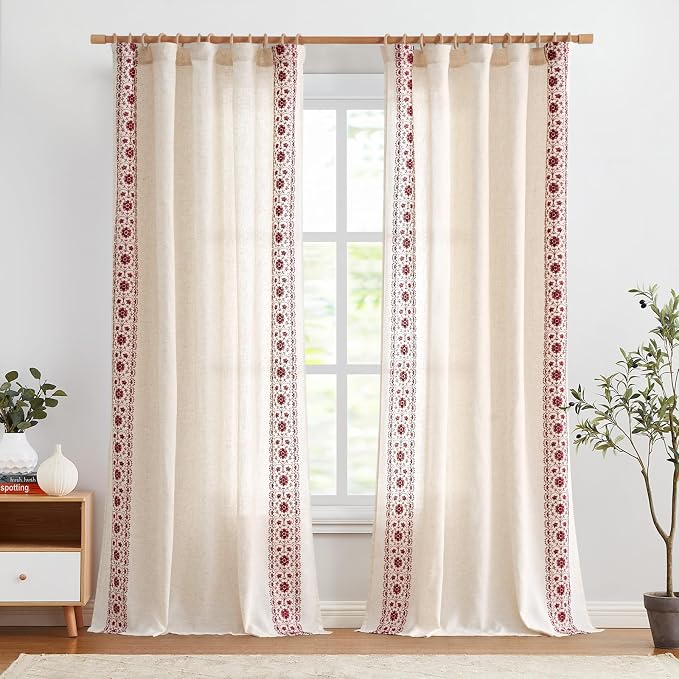 jinchan Floral Linen Curtains Embroidered Back Tab 50x96in 2 Panels Red | Light - Image 3