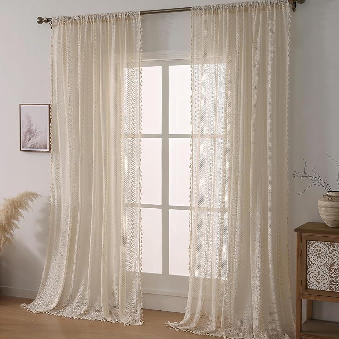 WAZZIO Boho Lace Curtains 120 Inch 2 Panel, Light Filtering Privacy Tassel & - Image 2
