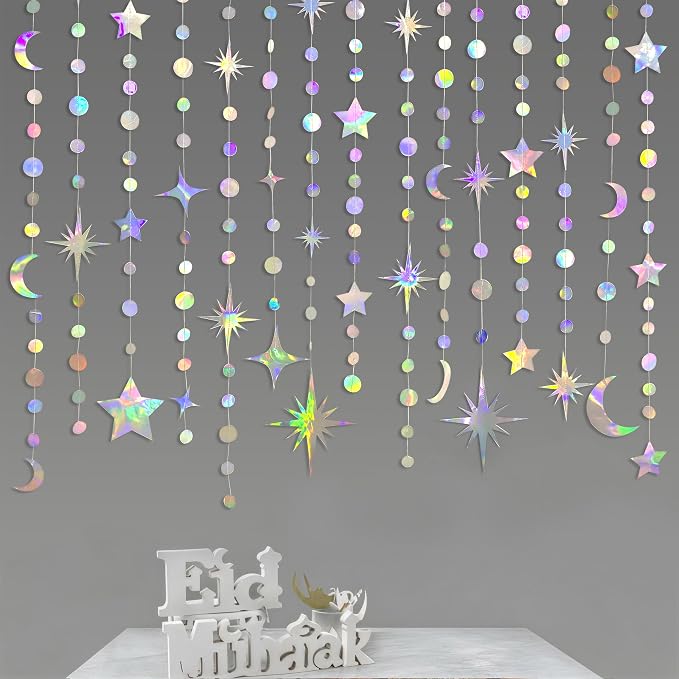 Iridescent Party Decorations Holographic Star Moon Circle Dot Garland Hanging - Image 3