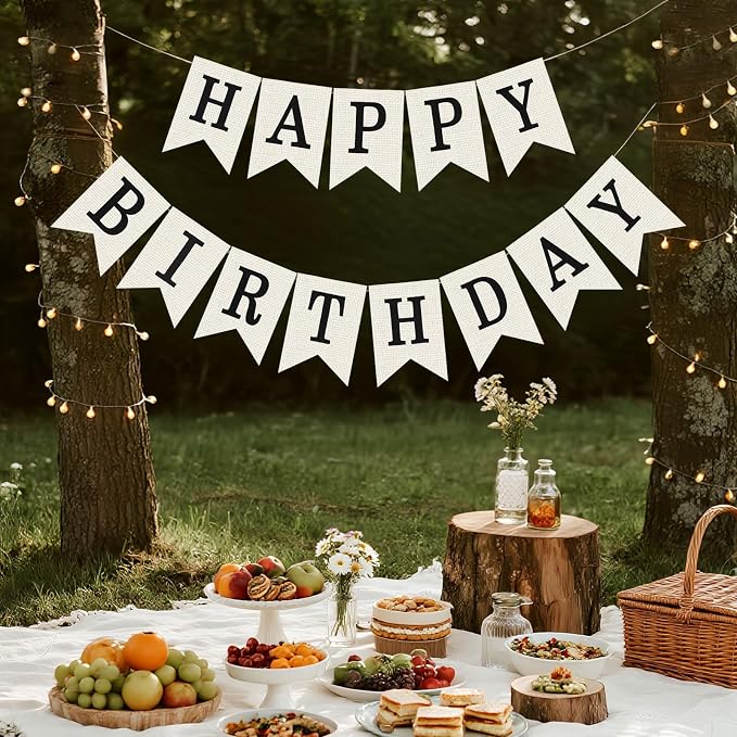 White Burlap Happy Birthday Banner Sign Birthday Garland Wall Door Hanging - Image 7