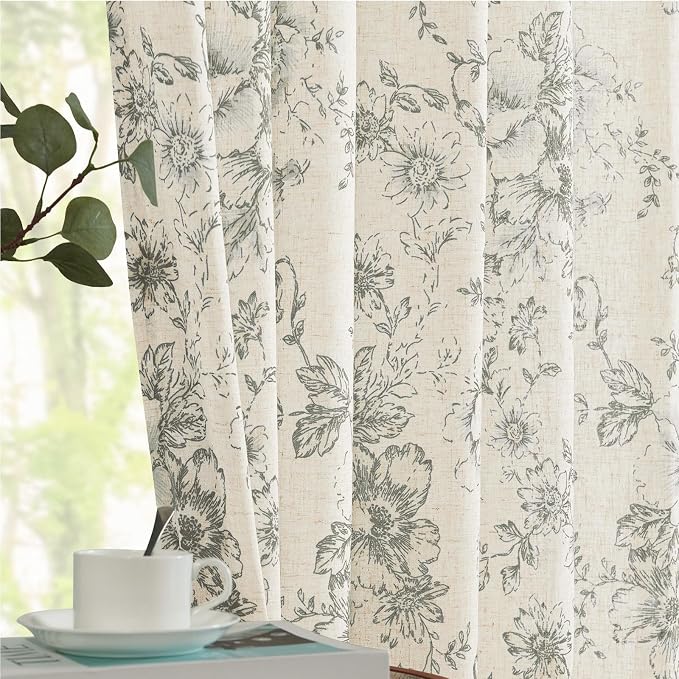 jinchan Gray Floral Linen Curtains Lined 96 Inch Vintage Back Tab 2 Panels | - Image 7