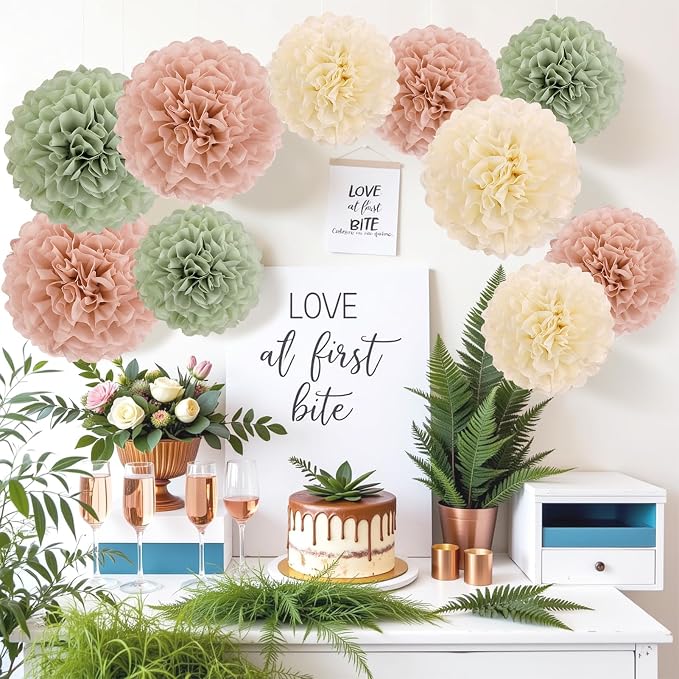 EASY JOY Sage Green Tissue Pom Poms Paper Flowers Decorations Natural Green - Image 6