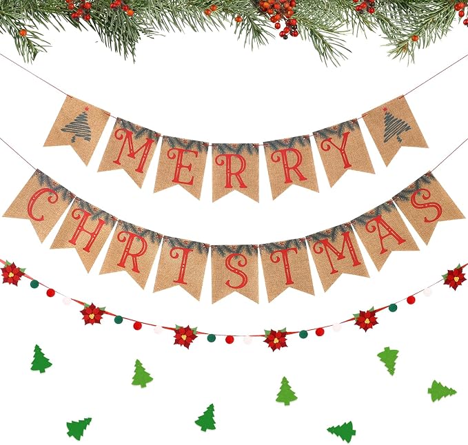 Christmas Burlap Banner and Felt Poinsettia Garland, Pre-strung Christmas by OBBOLO