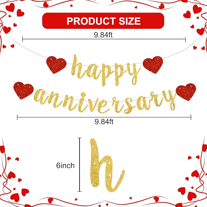 BEISHIDA Glitter Pre-Strung Gold Happy Anniversary Banner Decoration | NO DIY - Image 3