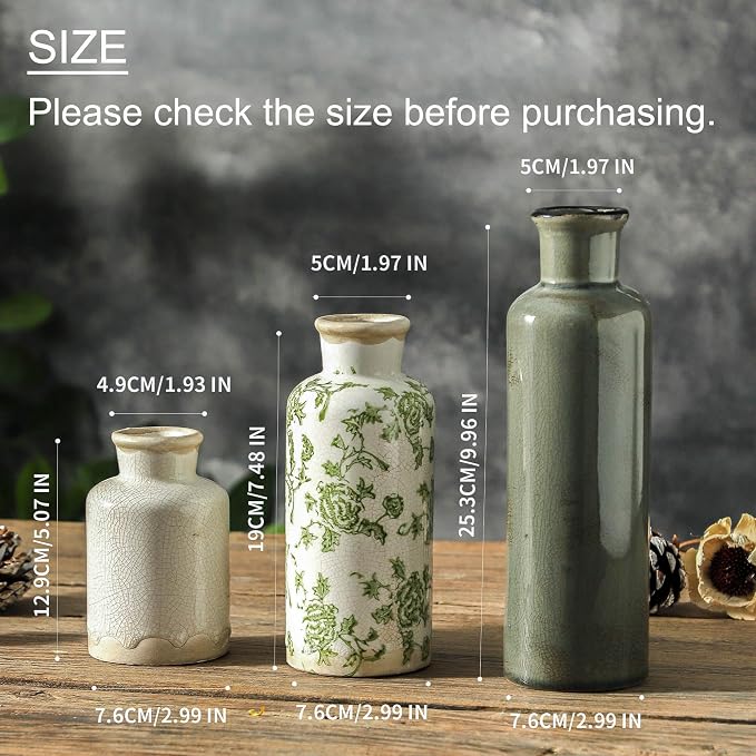 Vintage Vase Set of 3, Ceramic Vintage Flower Vases, Chinoiserie Decorative - Image 2