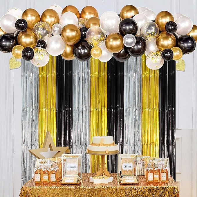 Voircoloria Black Gold Silver Fringe Backdrop Curtains, 2 Pack | Tinsel - Image 7