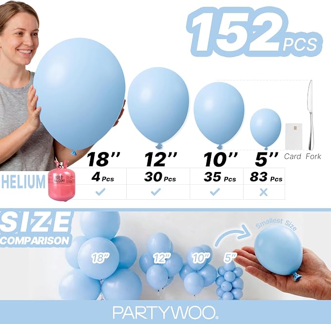 PartyWoo Light Blue Balloons 152pcs Baby Pastel Sky Aqua Blue Color | Different - Image 6