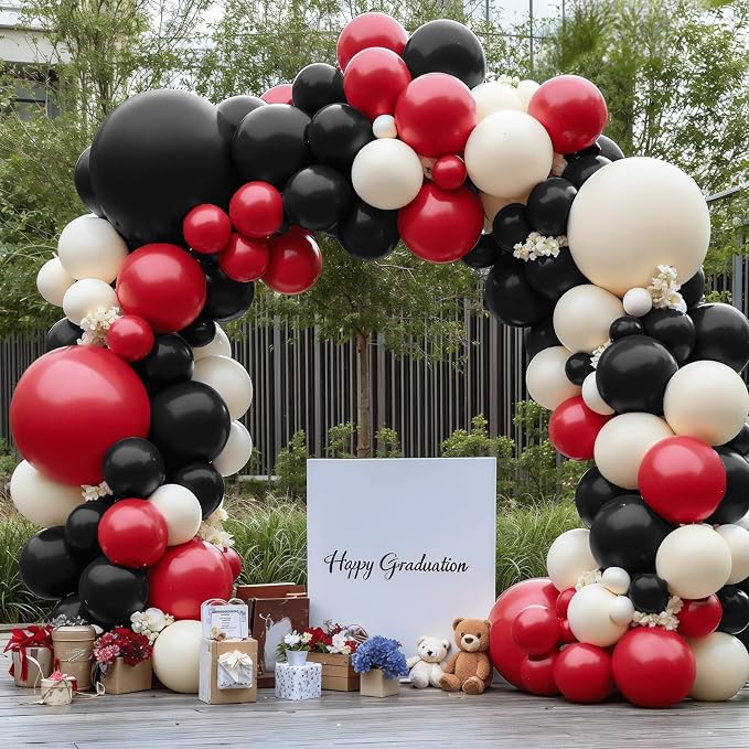 Red Black And White Balloons Garland Arch Kit, Double Stuffed Red Ivory White by Bloces
