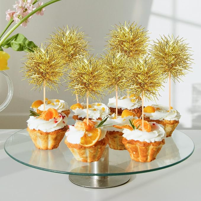 Chinco 100 Pcs Foil Firework Cupcake Toppers Gold Sparkle Tinsel Cake Toppers - Image 4