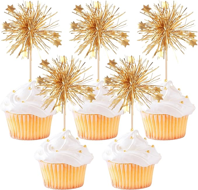 30 PCS Foil Firework Cupcake Toppers Happy Birthday Cake Toppers Star Sparkle by ZHUOWEISM