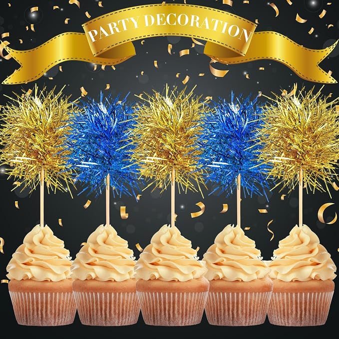Chinco 100 Pcs Foil Firework Cupcake Toppers Sparkle Tinsel Cake Toppers Cake - Image 3