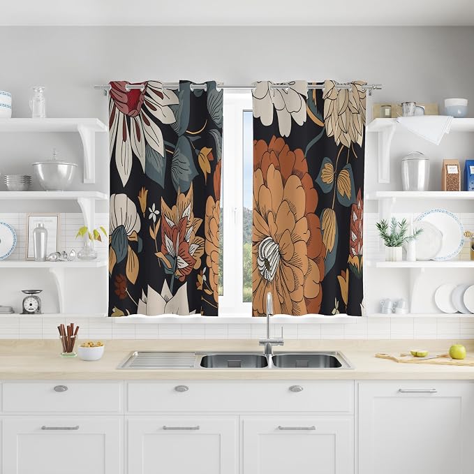 Tyrot Black Boho Floral 100% Blackout Curtains 54 Inch Long 2 Panels Mid - Image 2