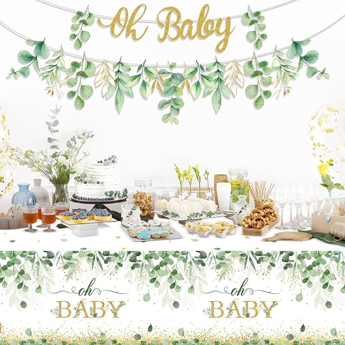 Greenery Baby Shower Banner Eucalyptus Leaves Oh Baby Tablecloth - Image 5