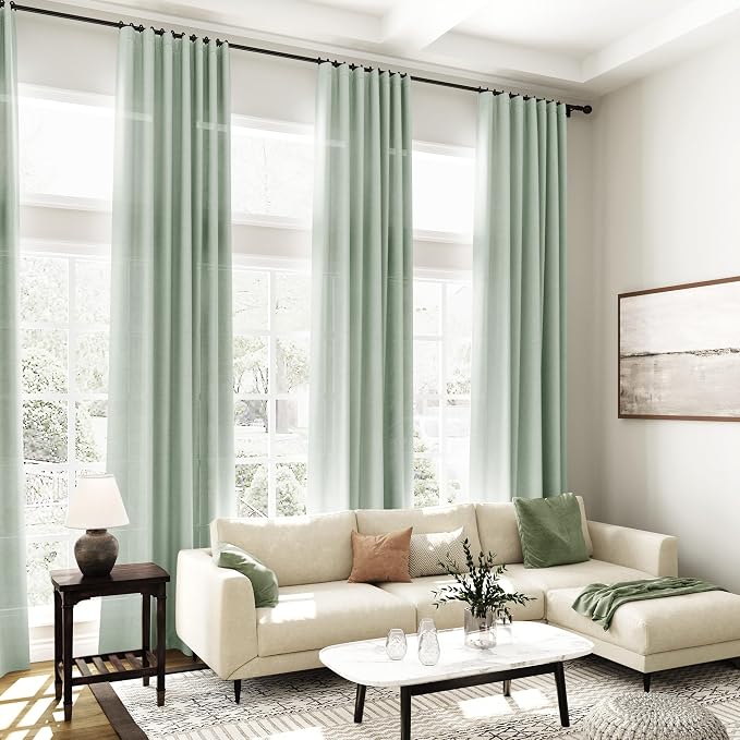 Aqua Green Linen Curtains Semi Sheer 96 Inches Long 2 Panels Set - Image 7