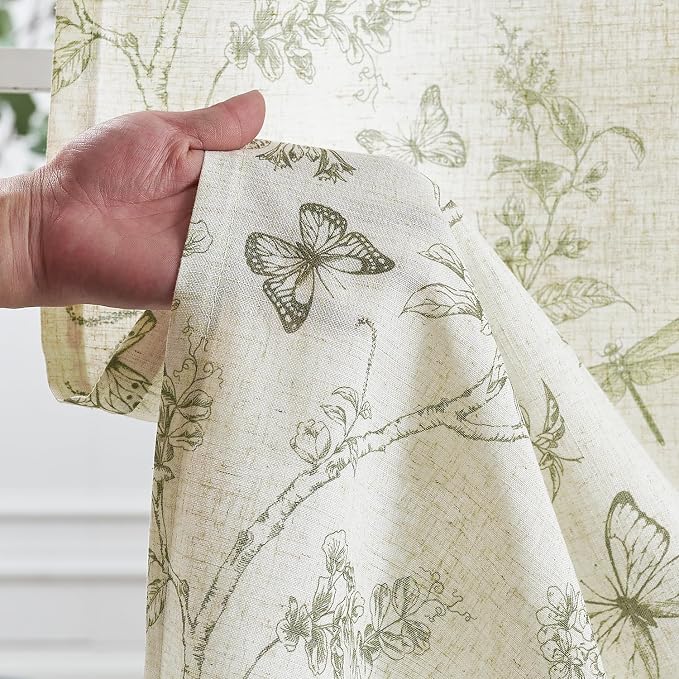Green Floral Linen Curtains Farmhouse Rod Pocket 50W X 90L 2 Panels | Charlotte - Image 5