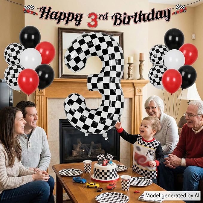 40 Inch Checkered Number 3 Balloon, Big Mylar Black and White Foil Balloons - Image 3