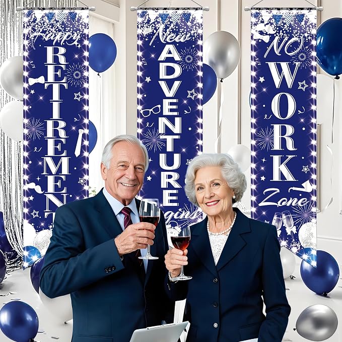 3Pcs Retirement Porch Sign Door Hanging Banner Blue Silver Happy Retirement - Image 5