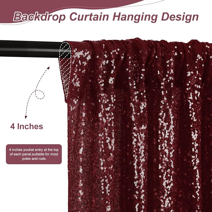 Burgundy Sequin Backdrop Curtains, 2 Panels 2FTx8FT Burgundy Curtain Backdrop - Image 2