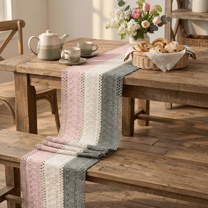 Artoid Mode Grey Beige Pink Farmhouse Rustic Table Runner 12x108 Inch | Holiday - Image 5
