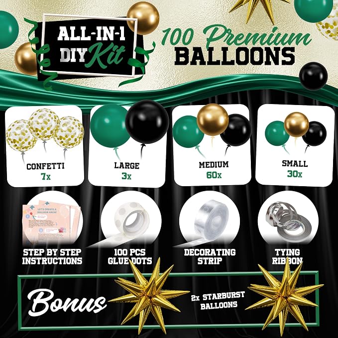 ALL-IN-1 Emerald Green Black Gold Balloons Arch Kit - Image 2