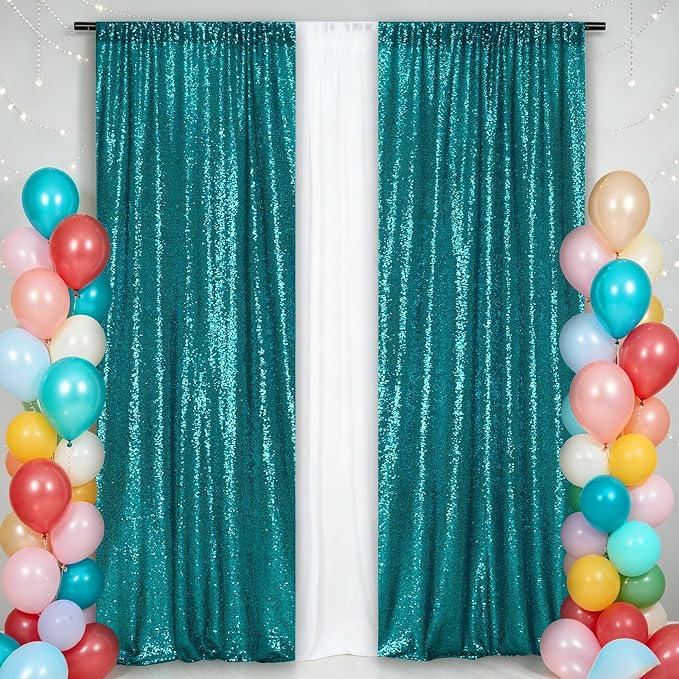 Eternal Beauty Teal Sequin Backdrop Curtains, 2 Panels 2x8FT | 3mm Sparkle - Image 3