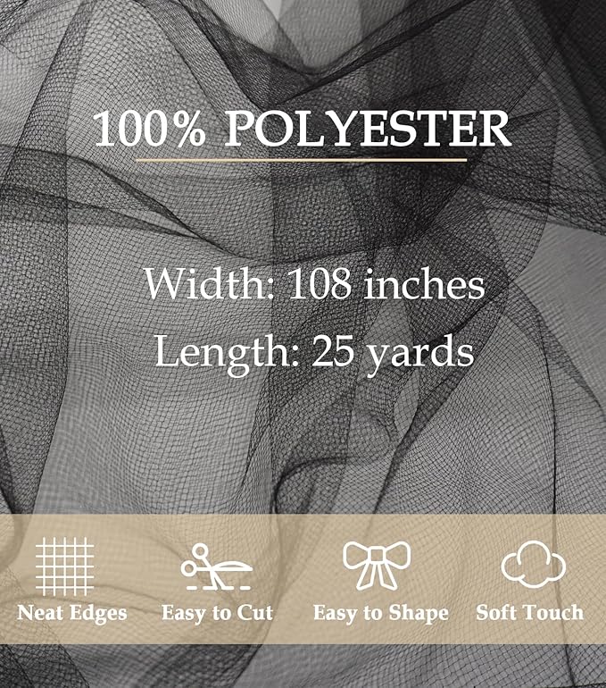 Black Tulle Fabric 108" x 25 Yards Tulle Bolt for Wedding Decoration DIY Tutu Halloween Party Backdrop Baby Shower Table Skirts Gift Wrapping
