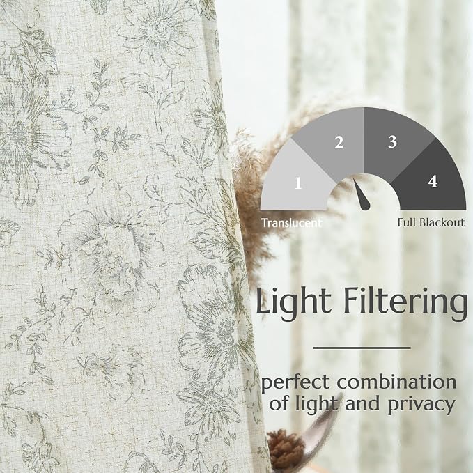 jinchan Green Floral Linen Curtains 63 Inch Farmhouse Back Tab 2 Panels | Light - Image 6