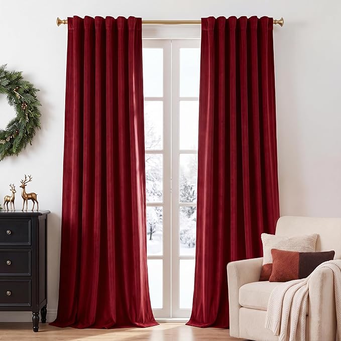 Red Velvet Curtains Back Tab for Chrismas Decor, W52 x L90, 2 Panels | 300GSM by StangH
