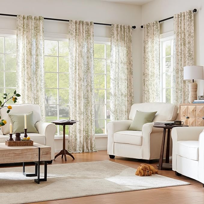 jinchan Green Floral Linen Curtains 96 Inch Farmhouse Back Tab 2 Panels | Light - Image 3